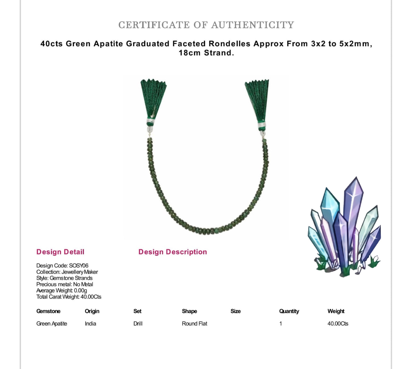 Green Apatite Faceted Rondelle Bar Crystal Gemstone Necklace (Certified)