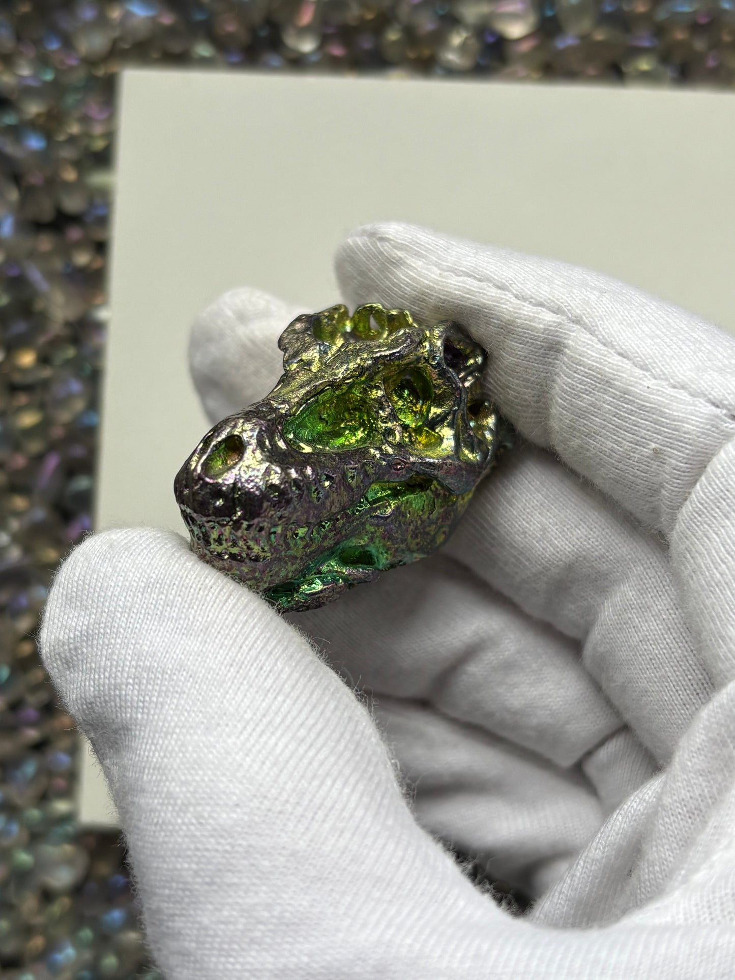 Teal Green Bismuth Crystal Small Trex Skull Metal Art Sculpture