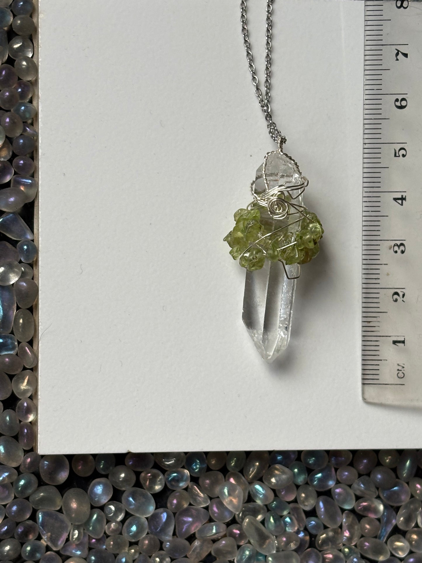 Lemurian Quartz & Peridot Crystal Gemstone Wire Wrap Necklace - Silver