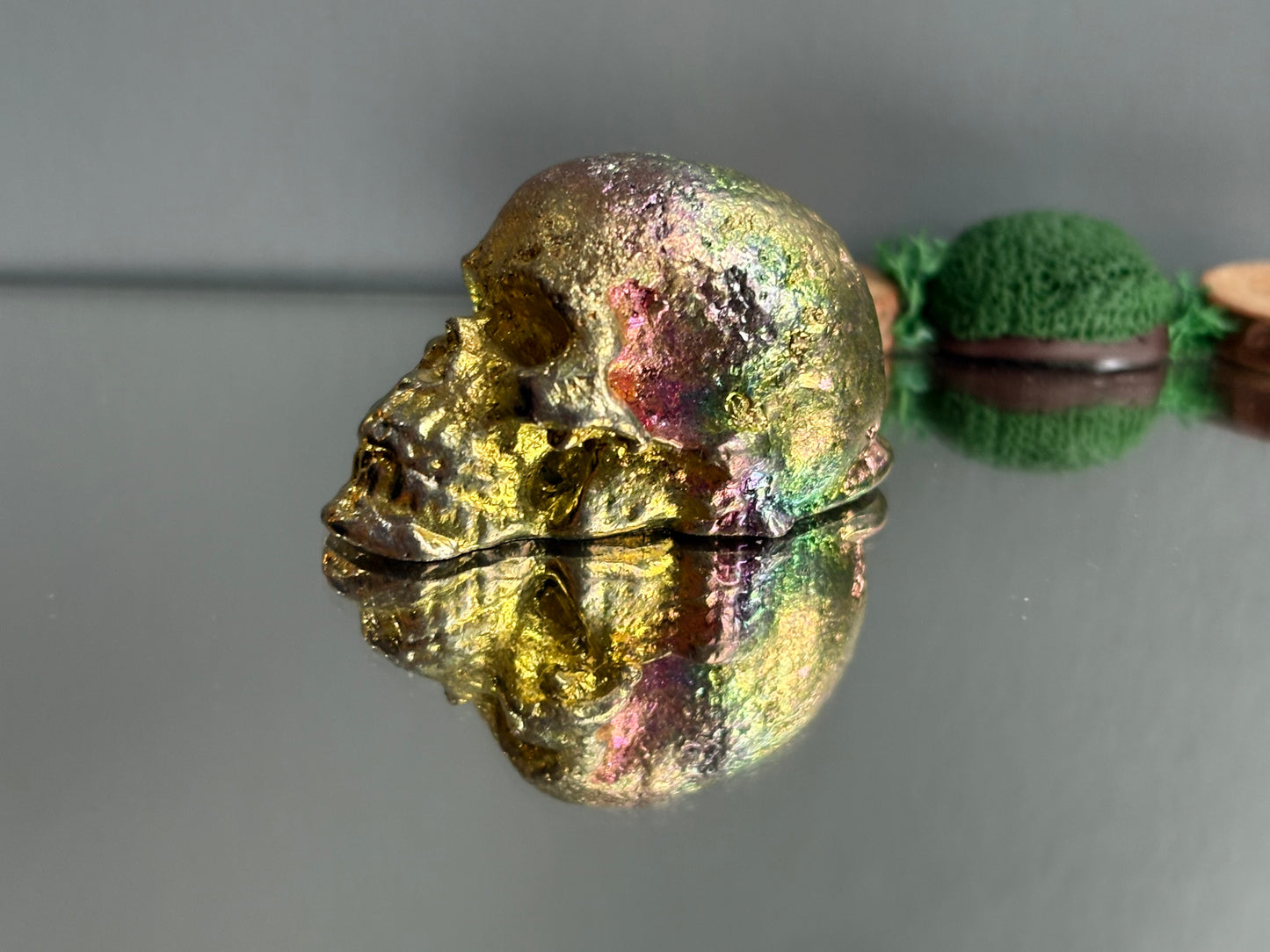 Rainbow Bismuth Crystal Skull Metal Sculpture Small