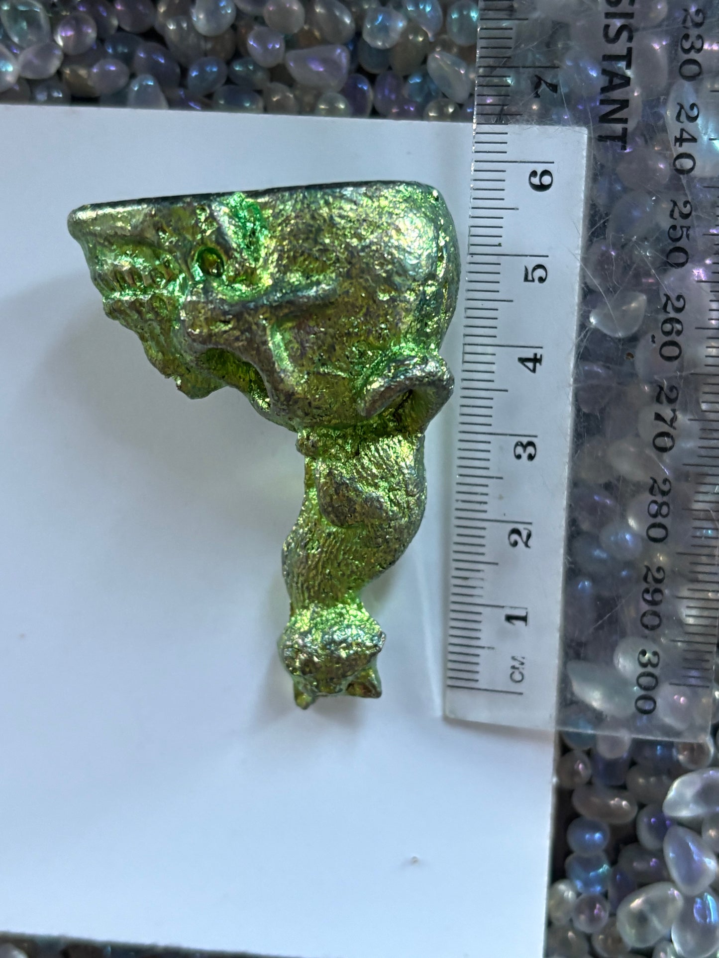 Green Bismuth Crystal Cat on Skull Metal Art Sculpture