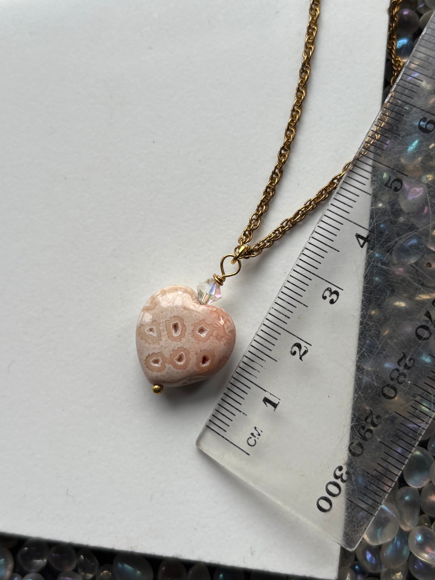 Peach Agate Druzy Coral Fossil Crystal Gemstone Heart Carving Necklace