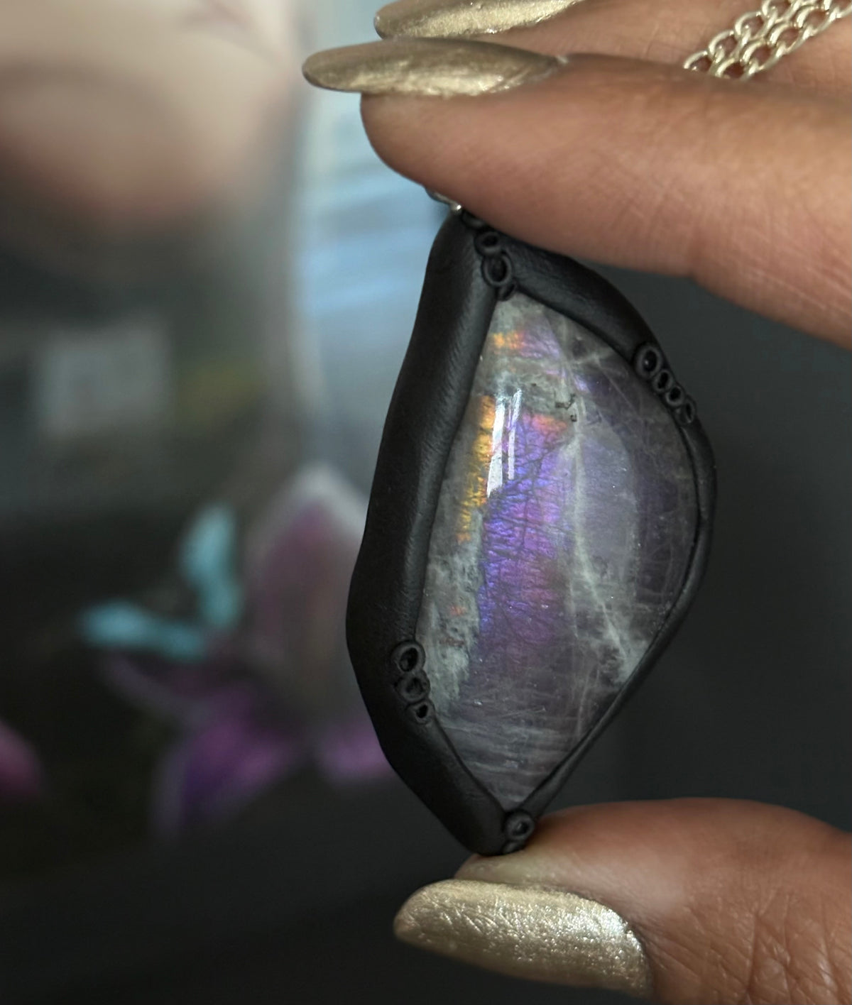 Ursula Black Clay - Purple Orange Labradorite Crystal Gemstone Pendant Necklace
