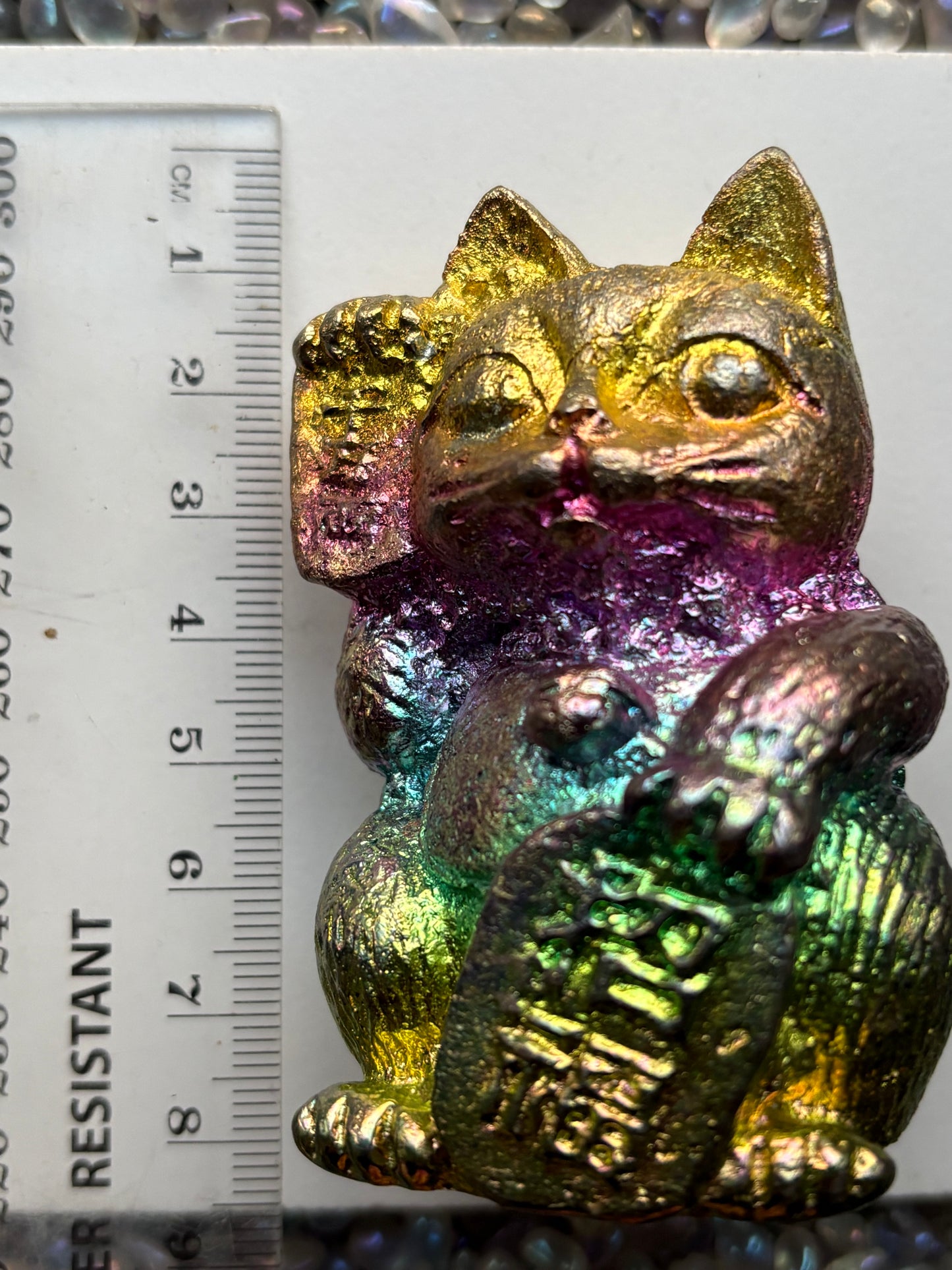Rainbow Bismuth Crystal Lucky Cat Metal Art Sculpture