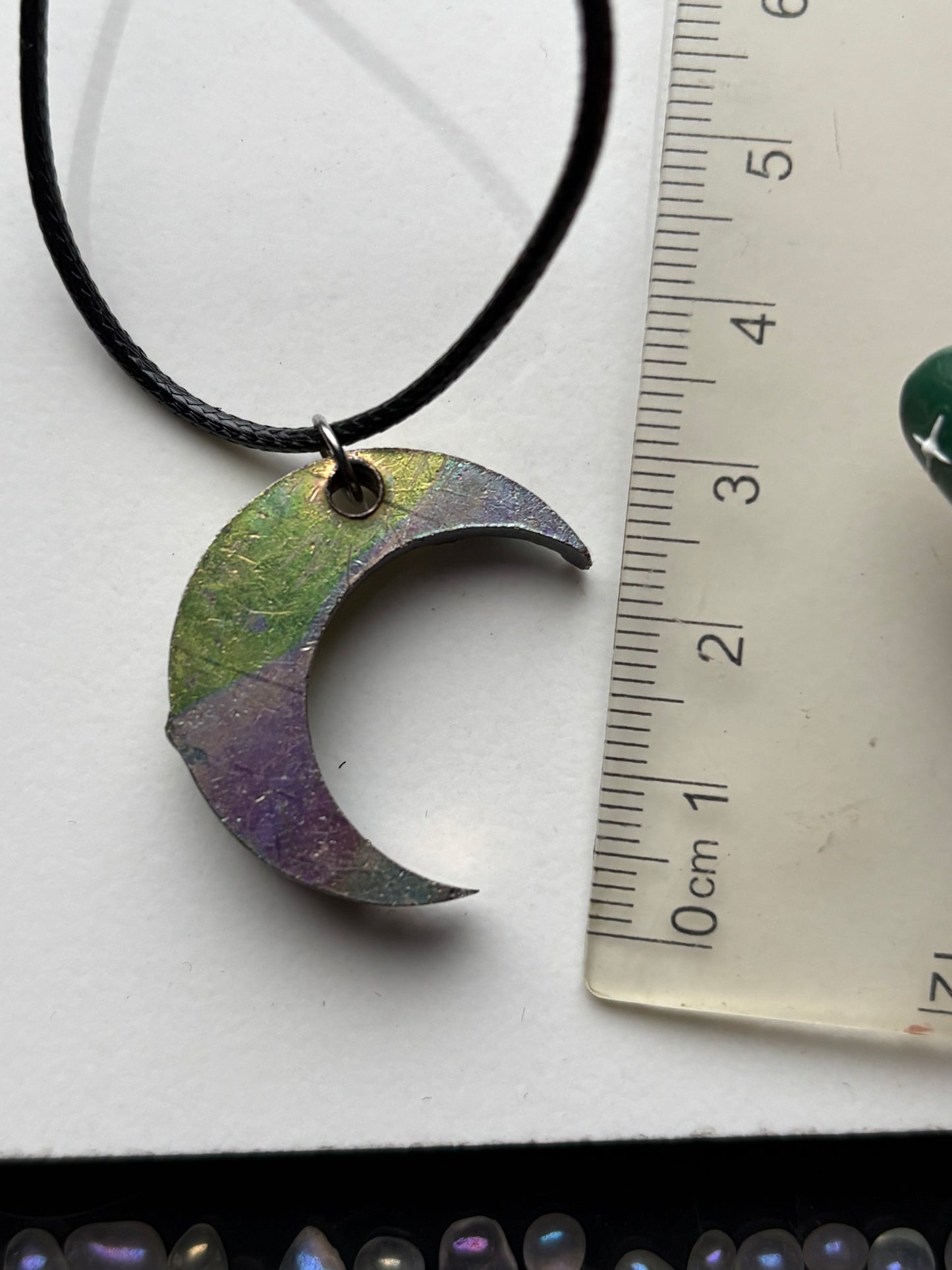 Rainbow Bismuth Crystal Moon Cut Out Metal Art Silver Drilled Necklace