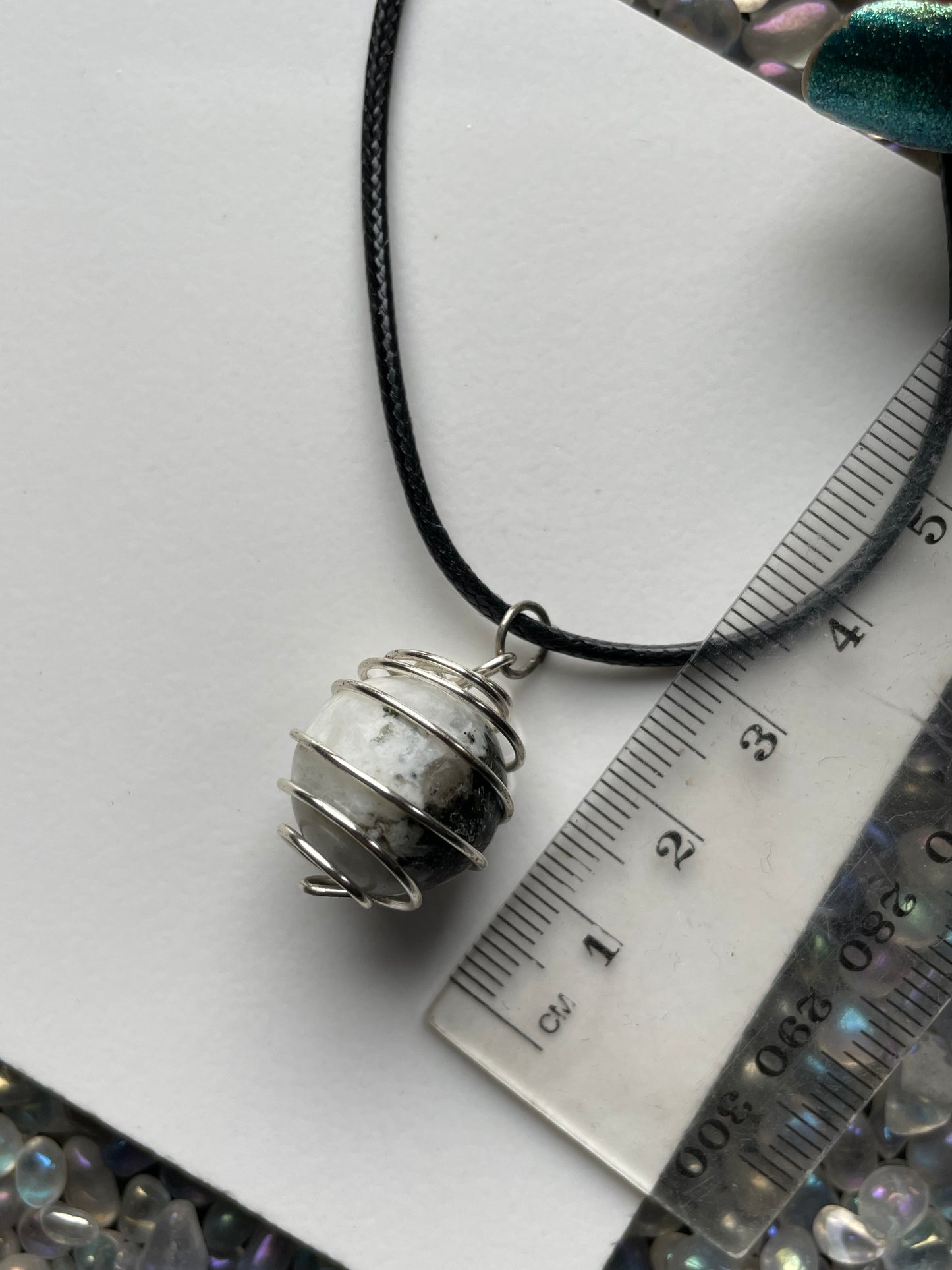 Rainbow Moonstone Crystal Gemstone Silver Spiral Wire Wrap Necklace