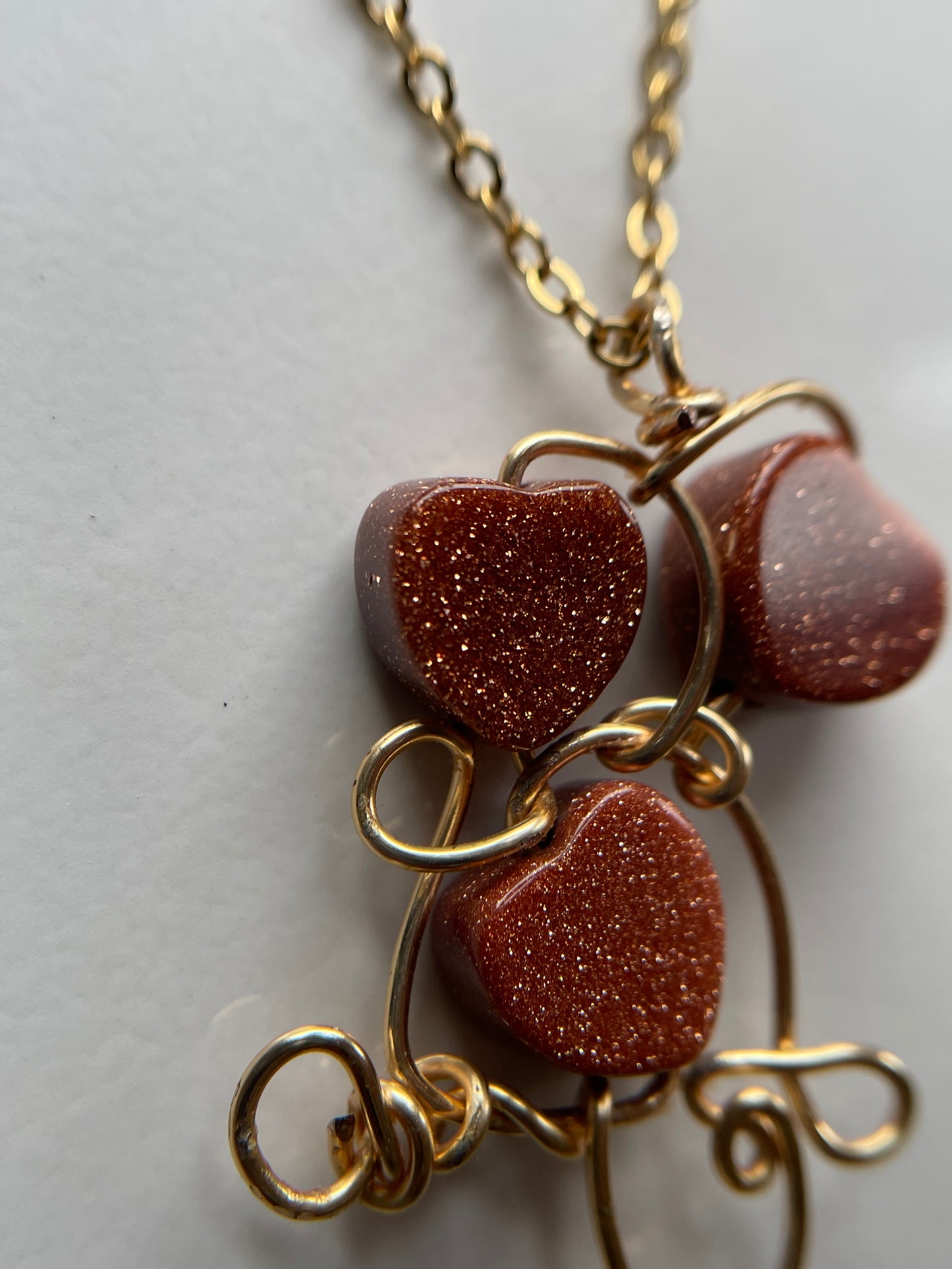Goldstone Crystal Gemstone Heart Wire Gold Necklace