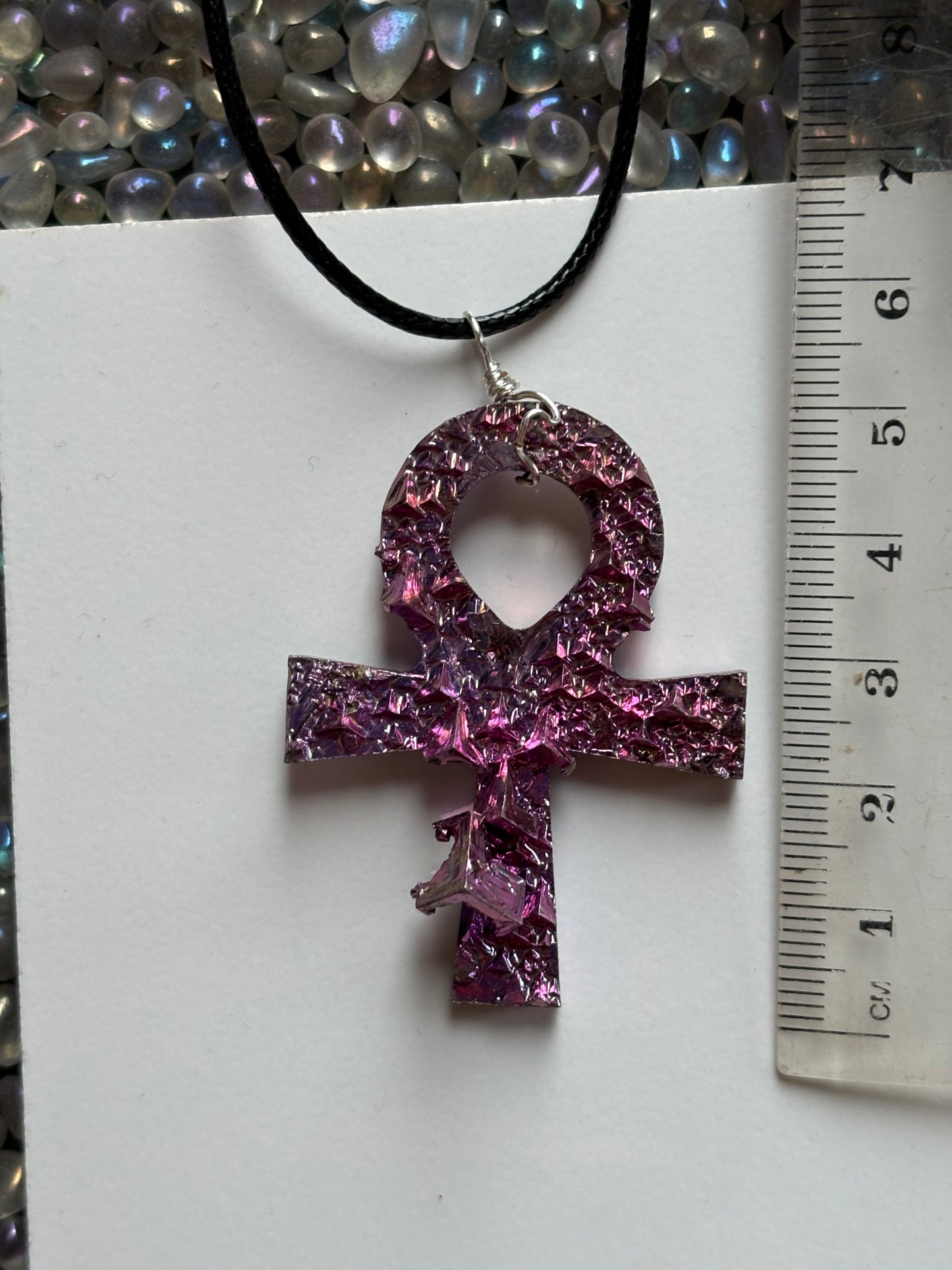 Pink Bismuth Ankh Crystal Cut Out Metal Art Necklace