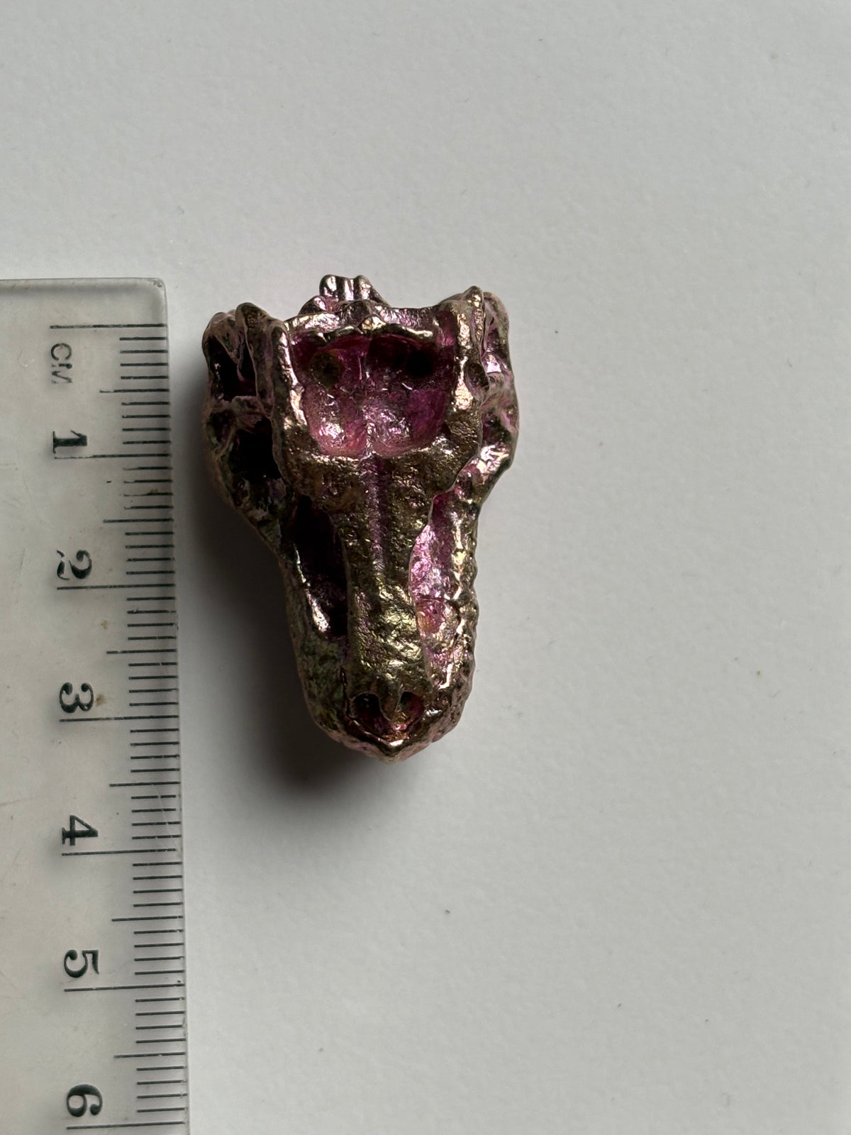 Pink Bismuth Crystal Small Trex Skull Metal Art Sculpture