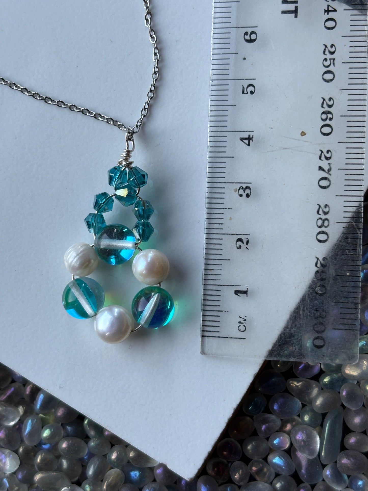 Aqua Aura Quartz & Pearl Gemstone Crystal Pendant Necklace