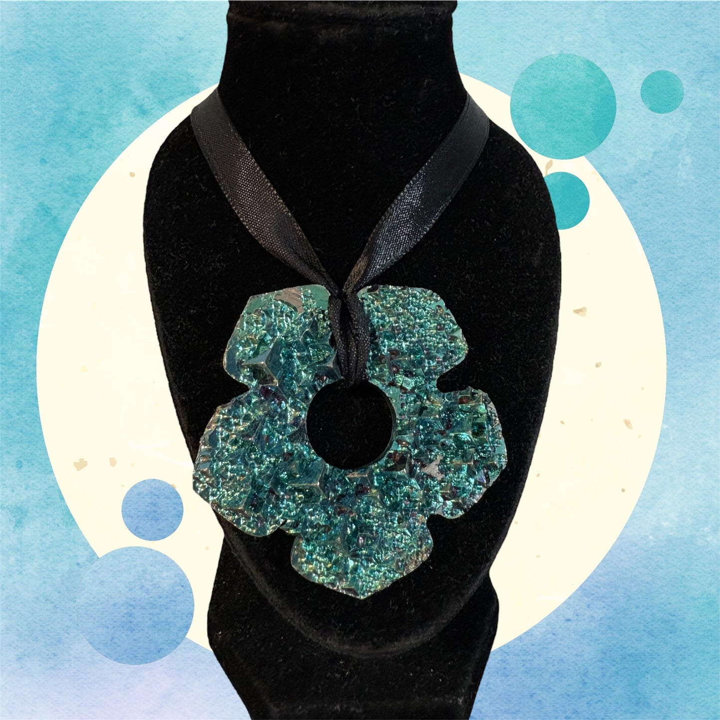 Teal Blue Bismuth Crystal Oversized Hippie Flower Cut Out Wall Hanging