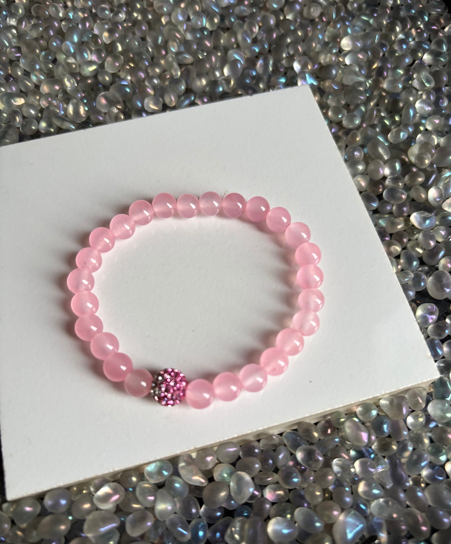Rose Quartz Crystal Pave Centre Gemstone Stretch Bracelet