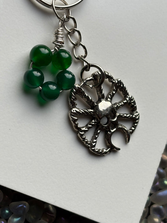Green Quartz Crystal Gemstone Spider Silver Keychain
