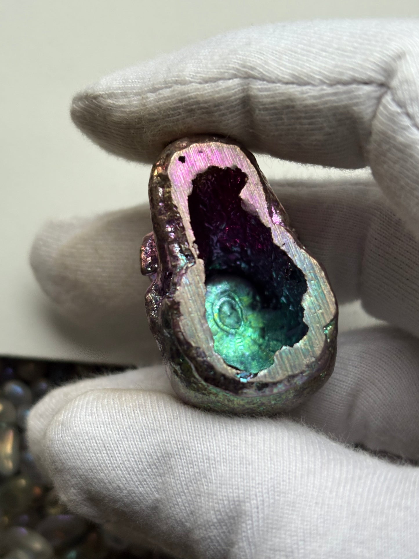 Blue Pink Bismuth Crystal Small Skull Metal Sculpture