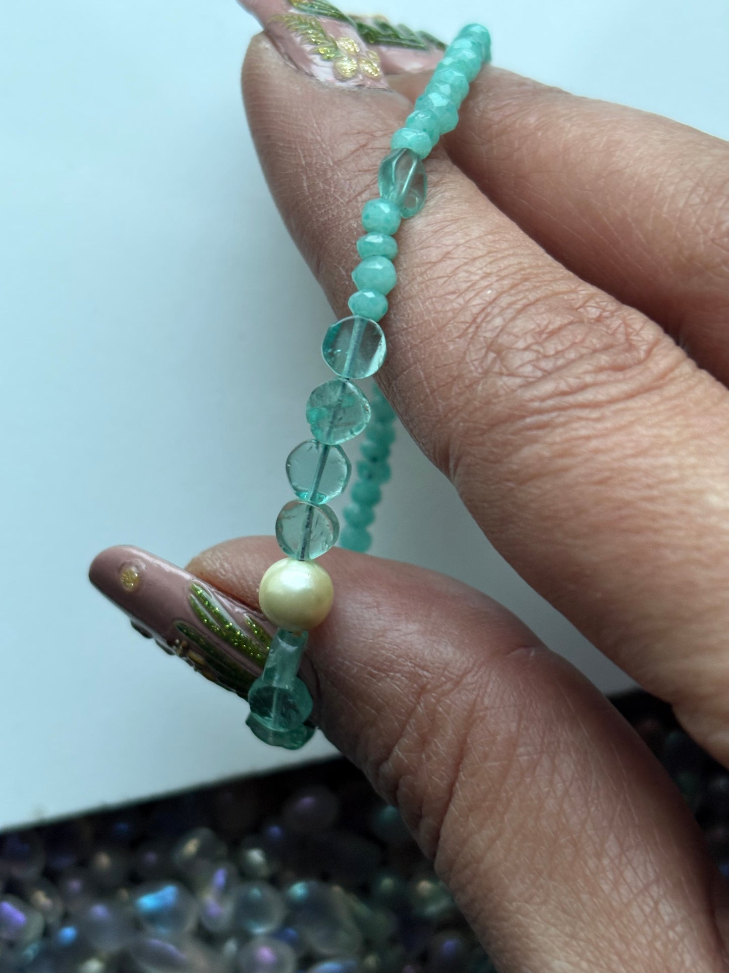 Pearl Aqua Chalcedony Apatite Crystal Gemstone Gold 925 Sterling Silver Bracelet