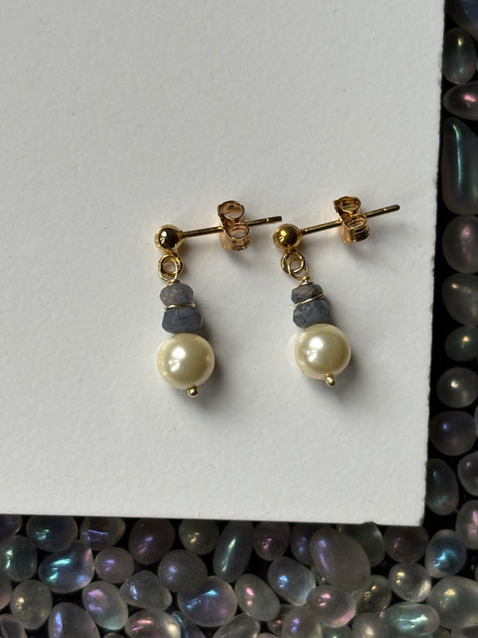 Sapphire & Cream Shell Pearl Crystal Gemstone 18k Gold Sterling Silver Earrings (Certified)