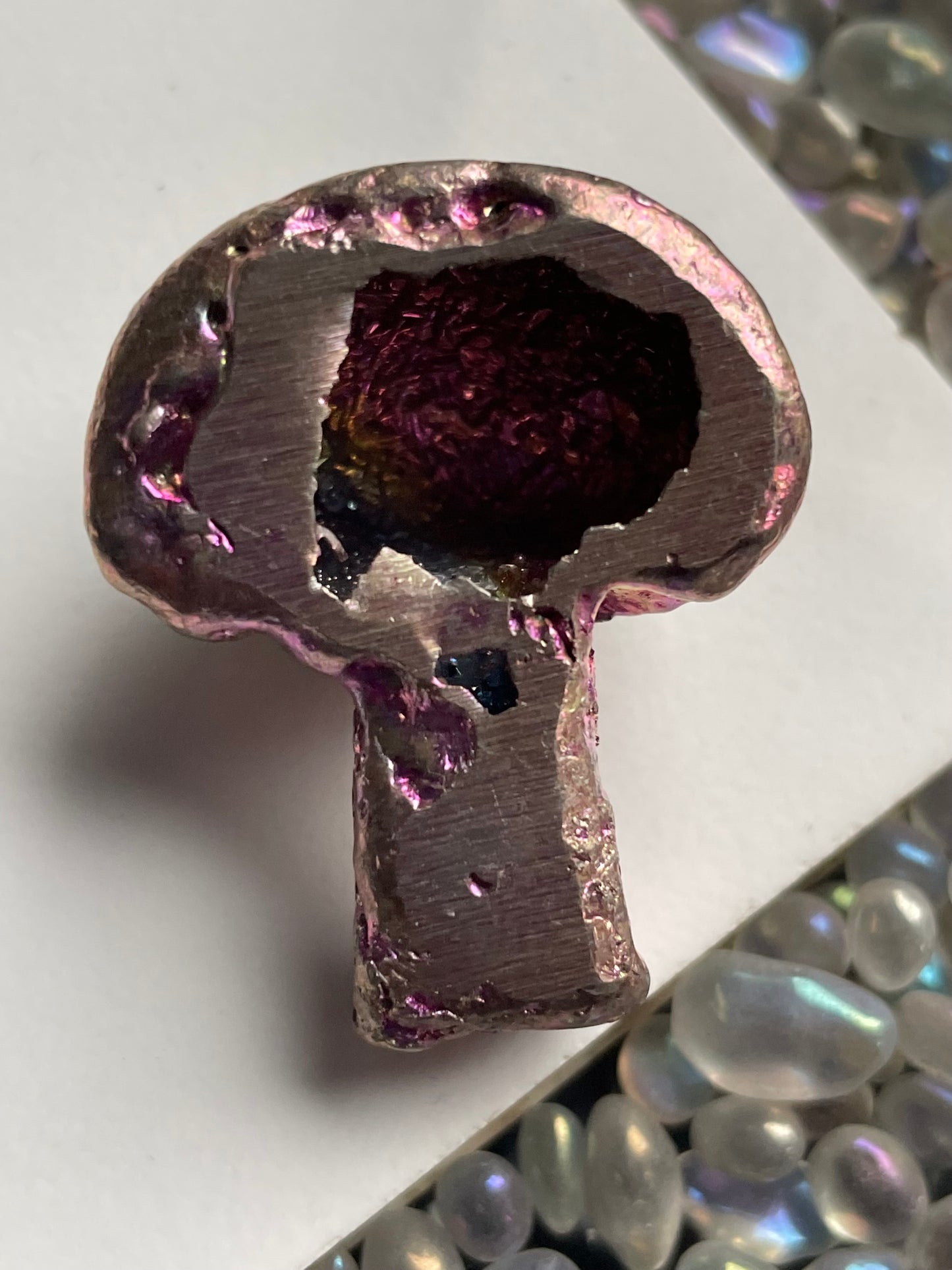 Silver Pink Bismuth Crystal Mushroom Metal Art Sculpture