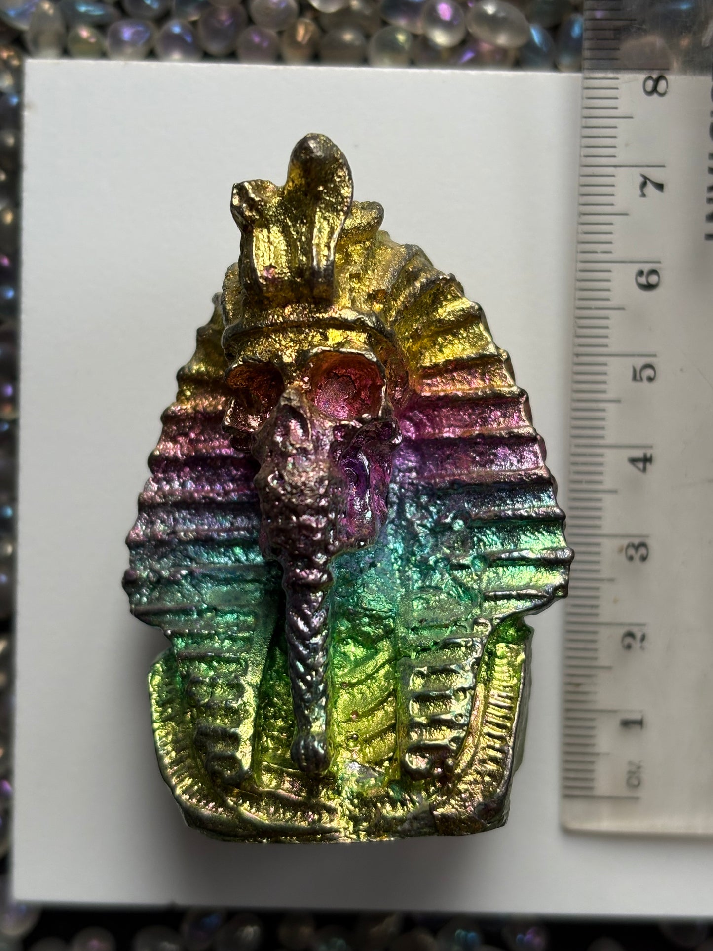 Rainbow Bismuth Crystal King Tutankhamen Skull Metal Art Sculpture