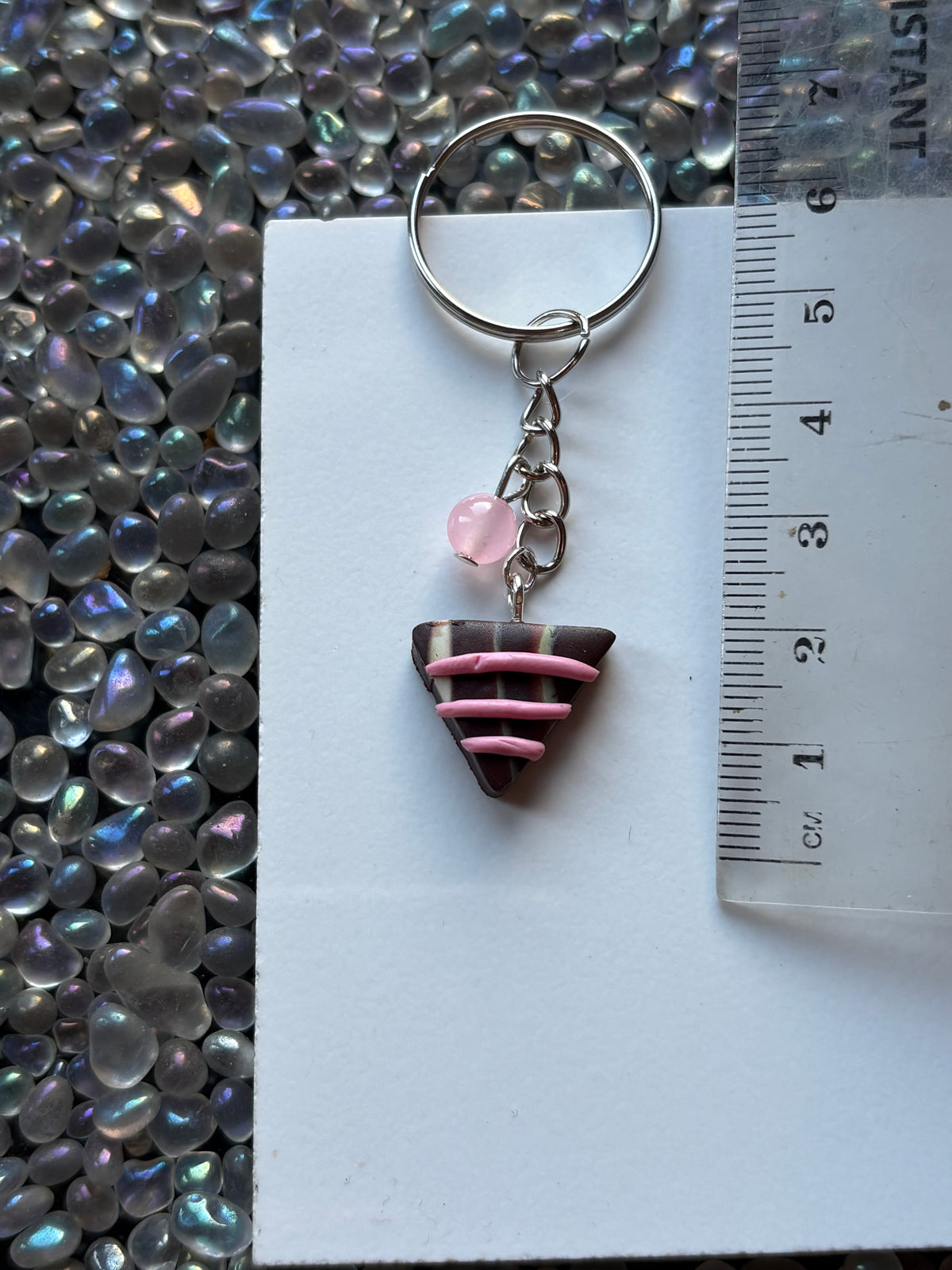 Chocolate Candy Triangle Clay & Pink Quartz Crystal Gemstone Keychain