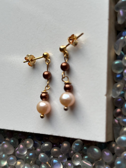 Chocolate & Peach Pearl Crystal Gemstone 18k Gold Sterling Silver Earrings (Certified)