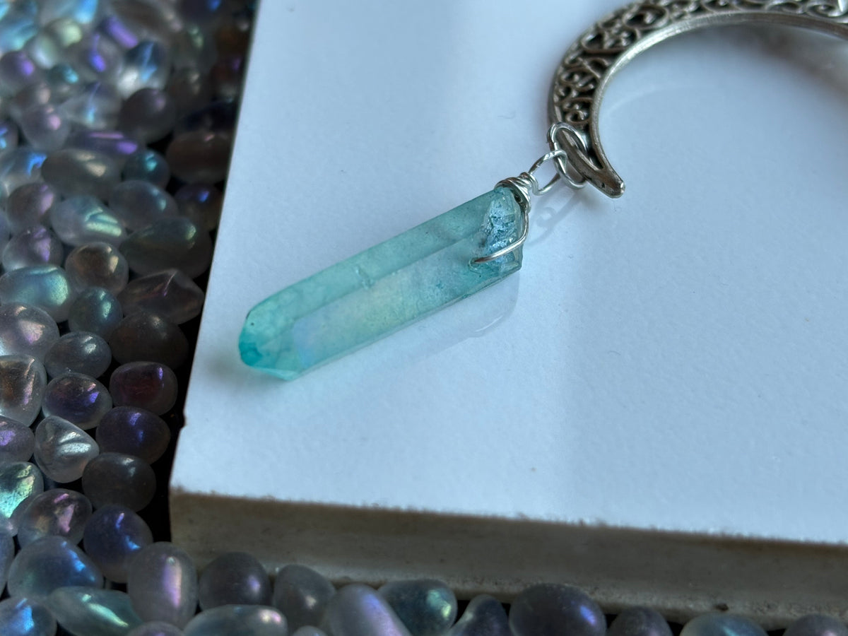 Crescent Moon & Blue Aura Quartz Crystal Gemstone KeyChain