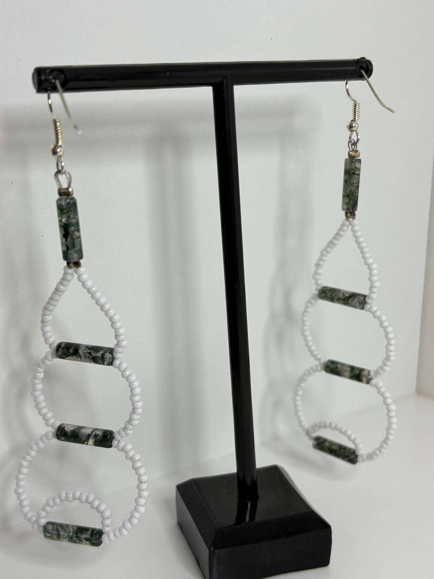 Moss Agate Gemstone Crystal White Weave Beaded Statement Earrings