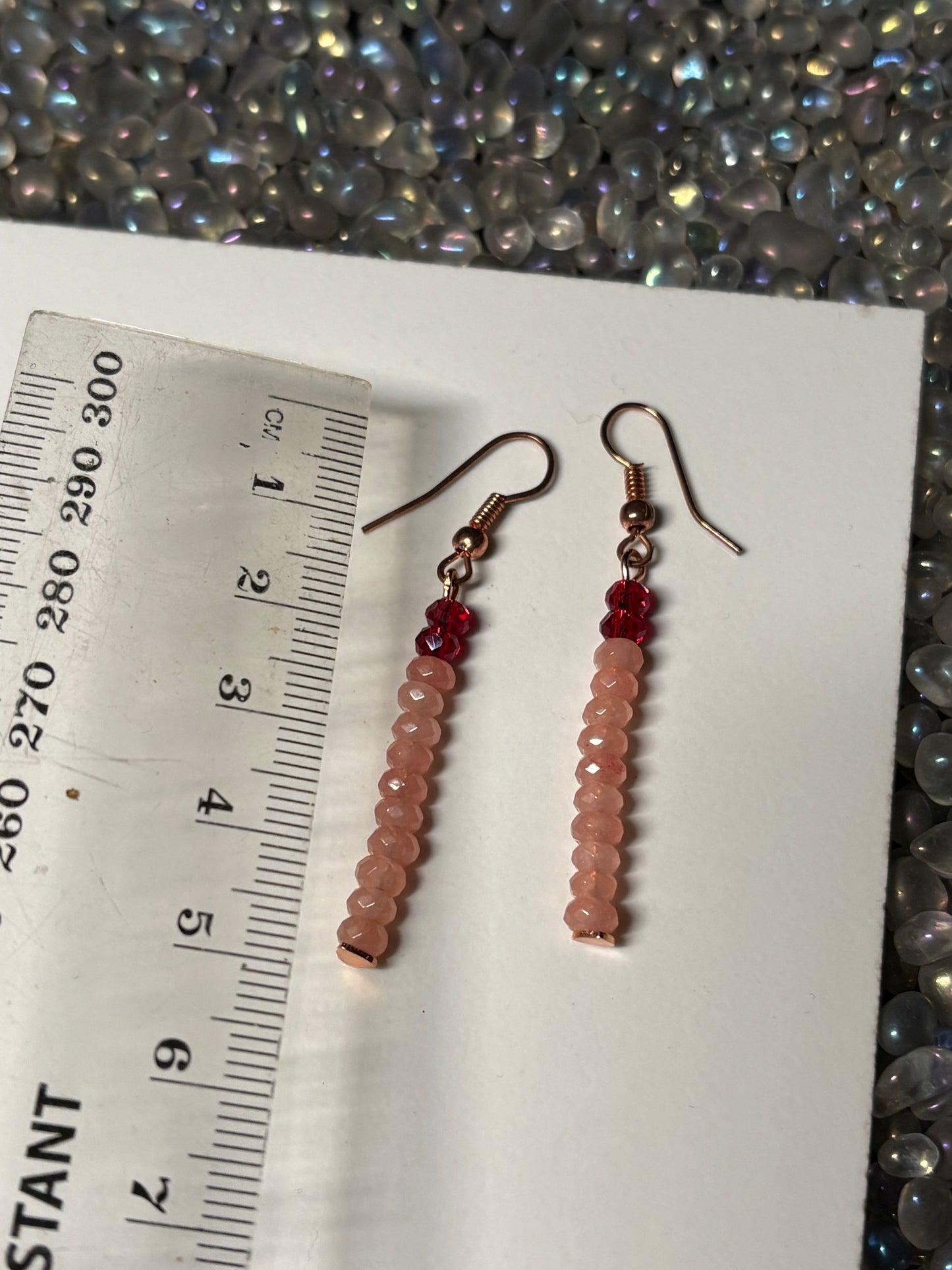 Peach Quartzite Gemstone Rondelle & Red Crystal Rose gold Earrings