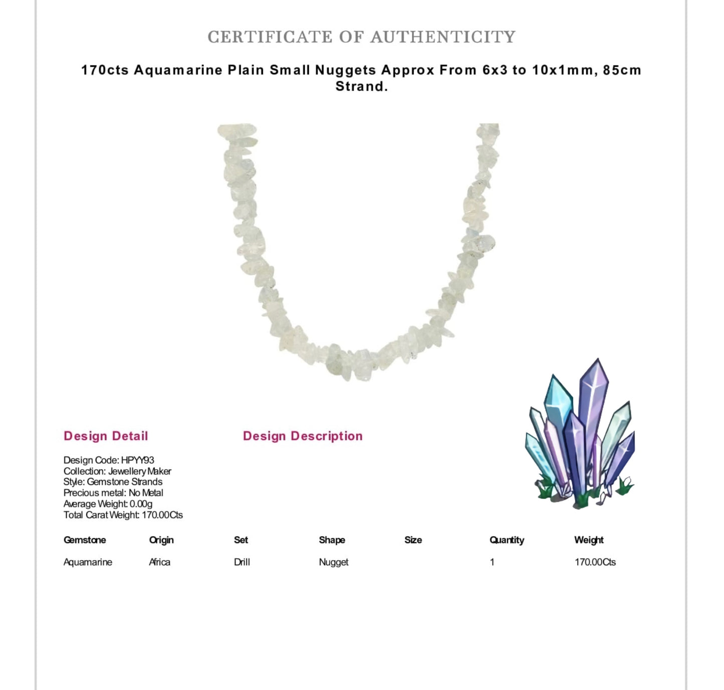 Aquamarine Rough Crystal Gemstone Chip Bar Necklace (Certified)