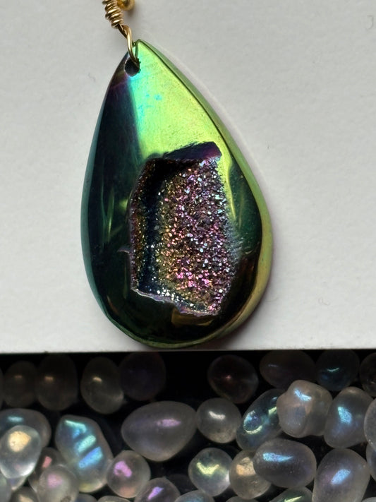 Peacock Green Aura Druzy Quartz Crystal Gemstone Gold Necklace