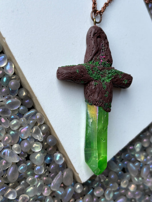 Green Aura Quartz Crystal Gemstone Enchanted Forest Sword Necklace