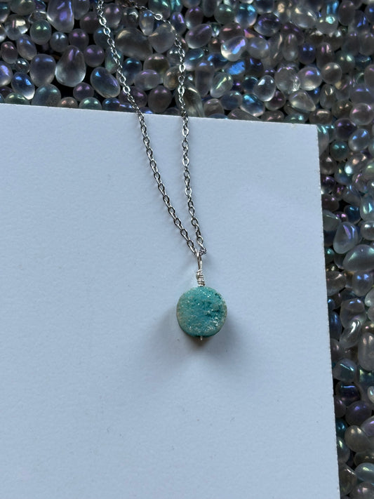 Turquoise Druzy Quartz Coin crystal gemstone silver Necklace