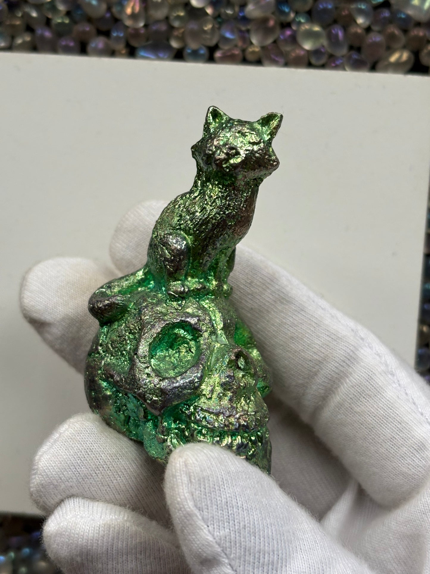 Teal Green Bismuth Crystal Cat on Skull Metal Art Sculpture