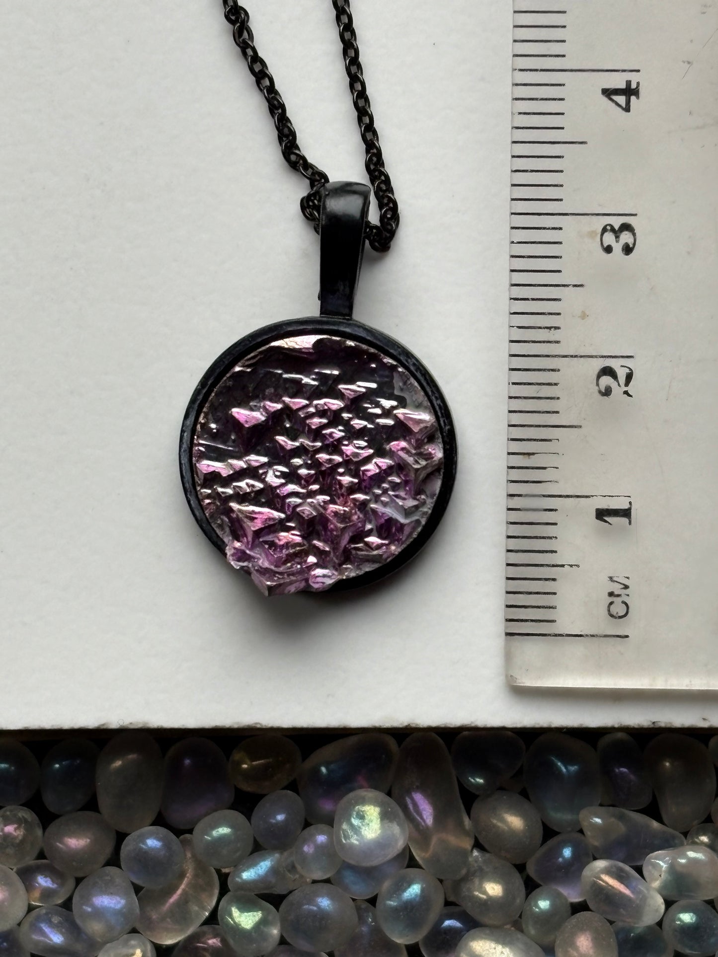 Pink Bismuth Crystal Metal Art Cord Necklace MINI CIRCLE