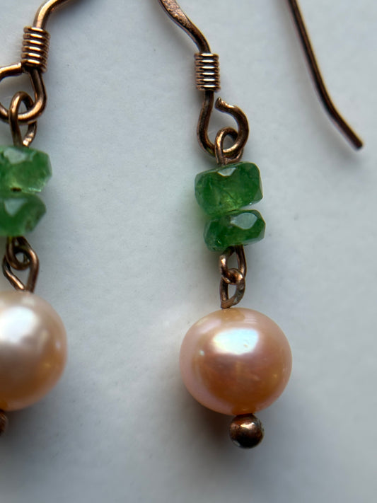 Tsavorite Green Garnet Peach Pearl Crystal Gemstone 18k Gold Sterling Silver Earrings (Certified)