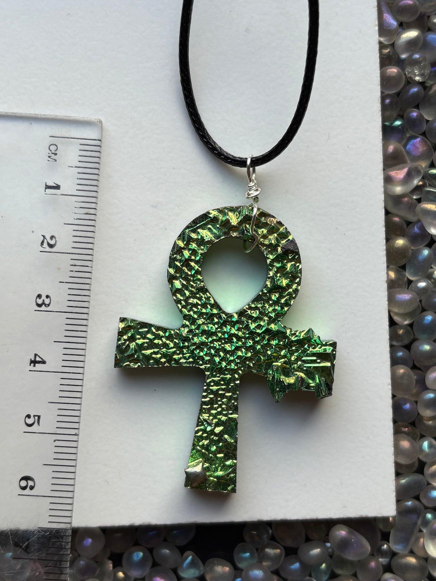 Green Bismuth Crystal Metal Art Necklace - Ankh