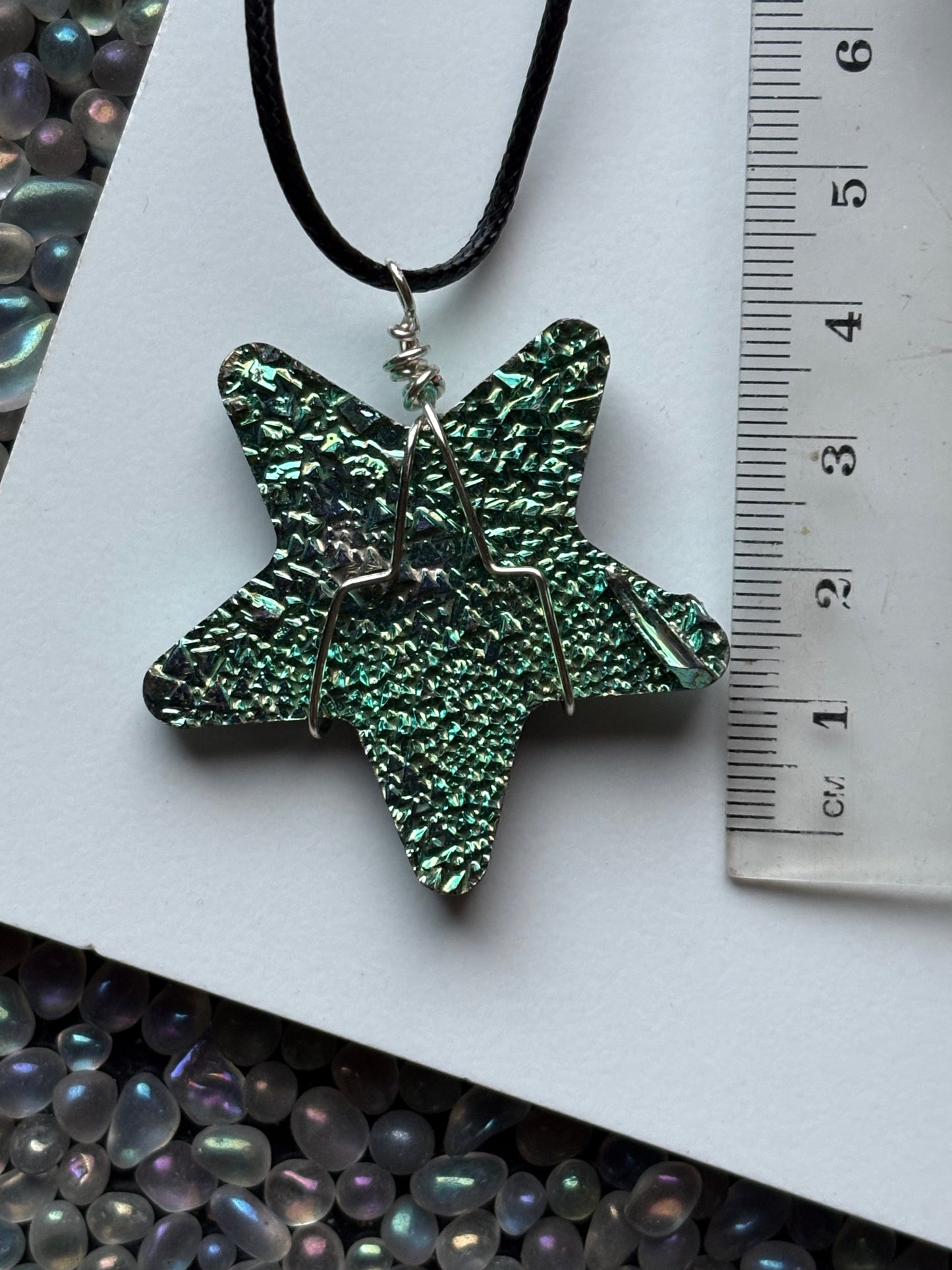 Teal Bismuth Crystal Star Cut Out Metal Art Cord Necklace