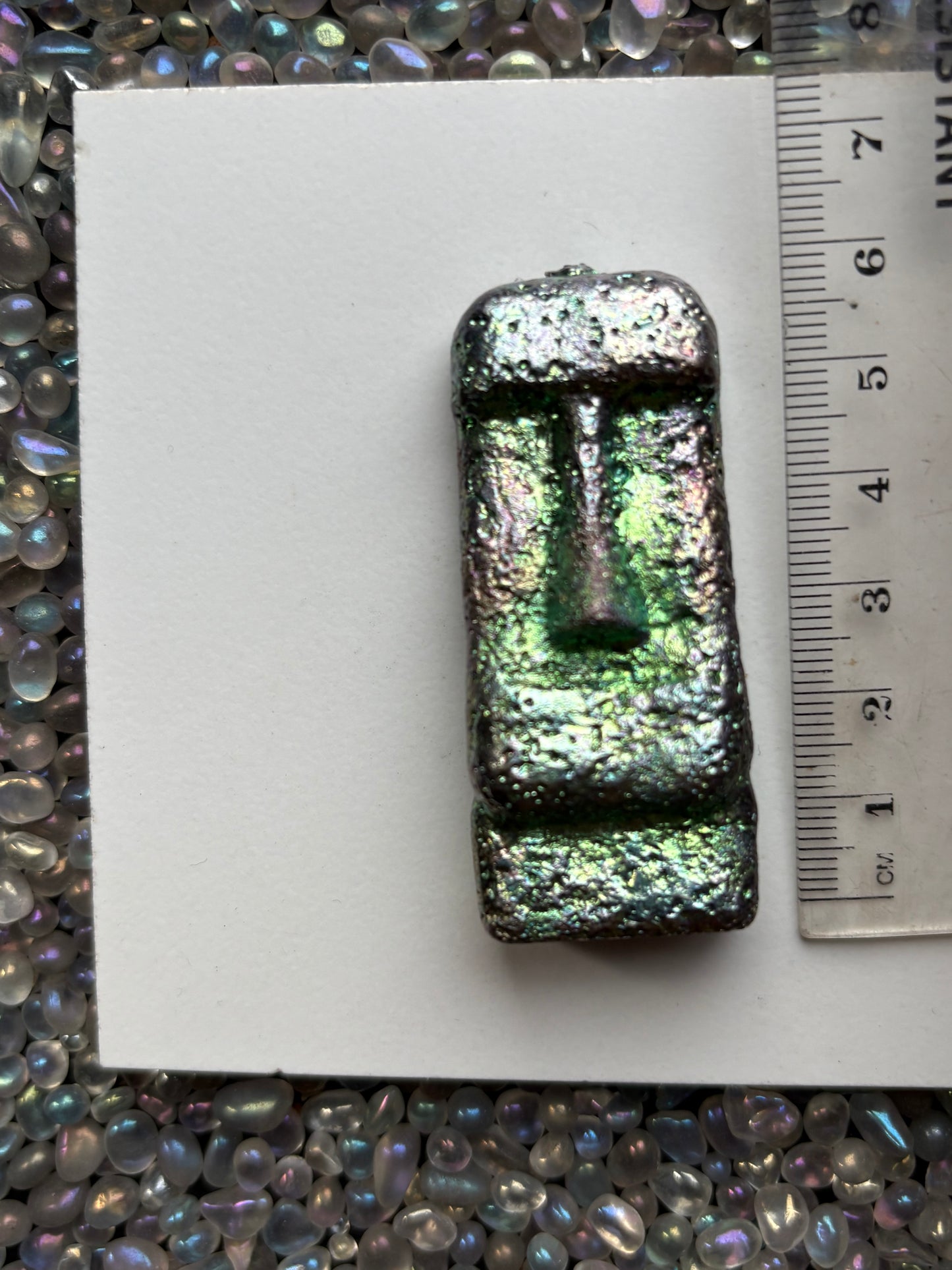 Teal Green Bismuth Crystal Moai Head Easter Island Metal Art Sculpture
