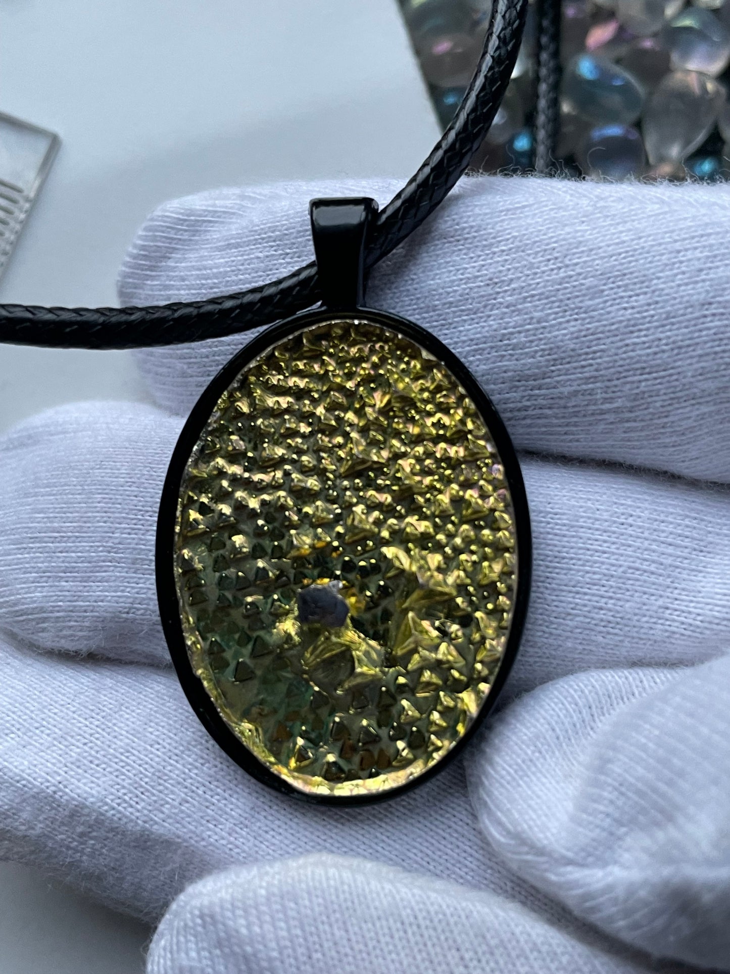 Gold Bismuth Crystal Metal Art Cord Necklace OVAL