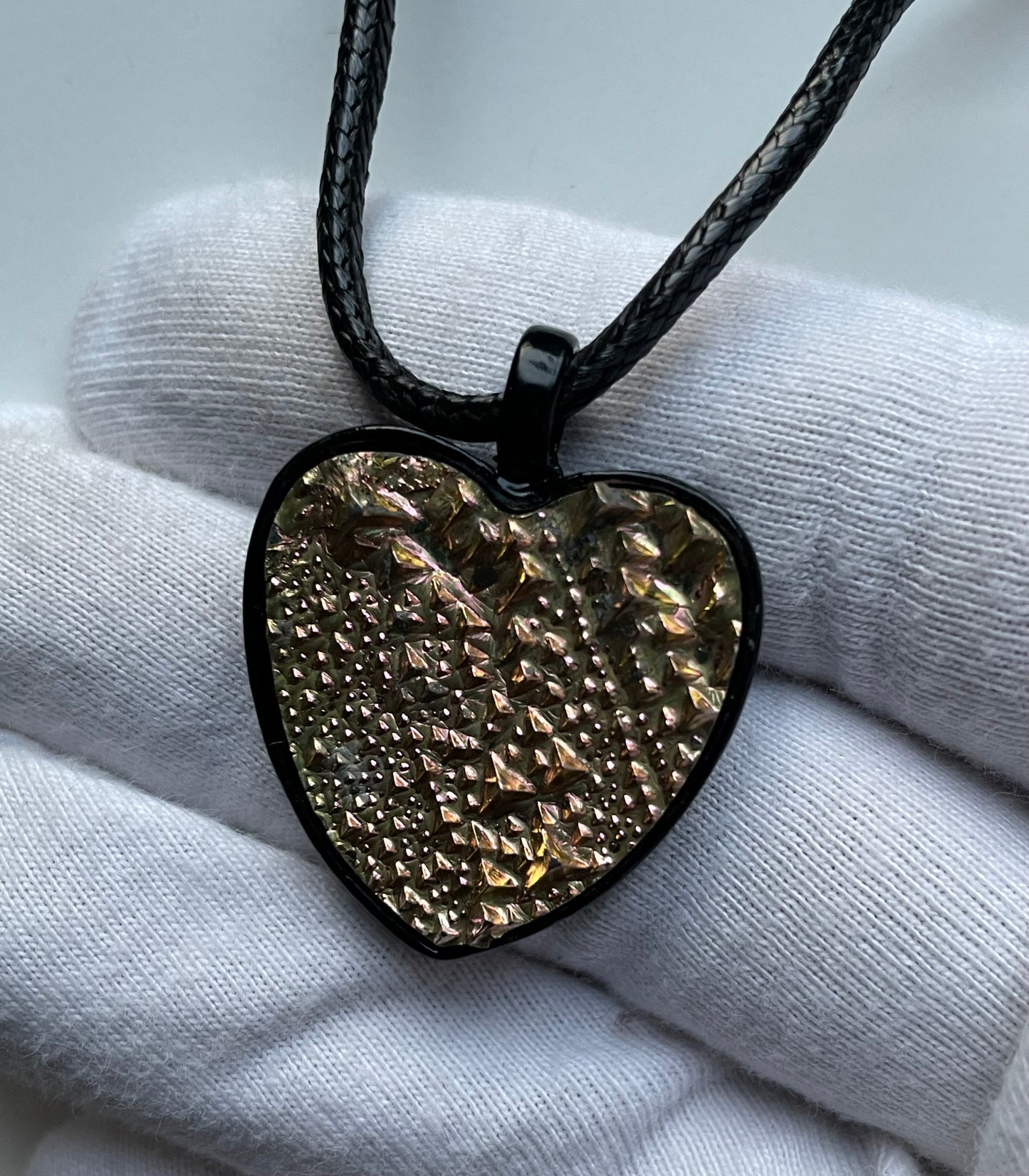 Peach Bismuth Heart Crystal Metal Art Cord Necklace