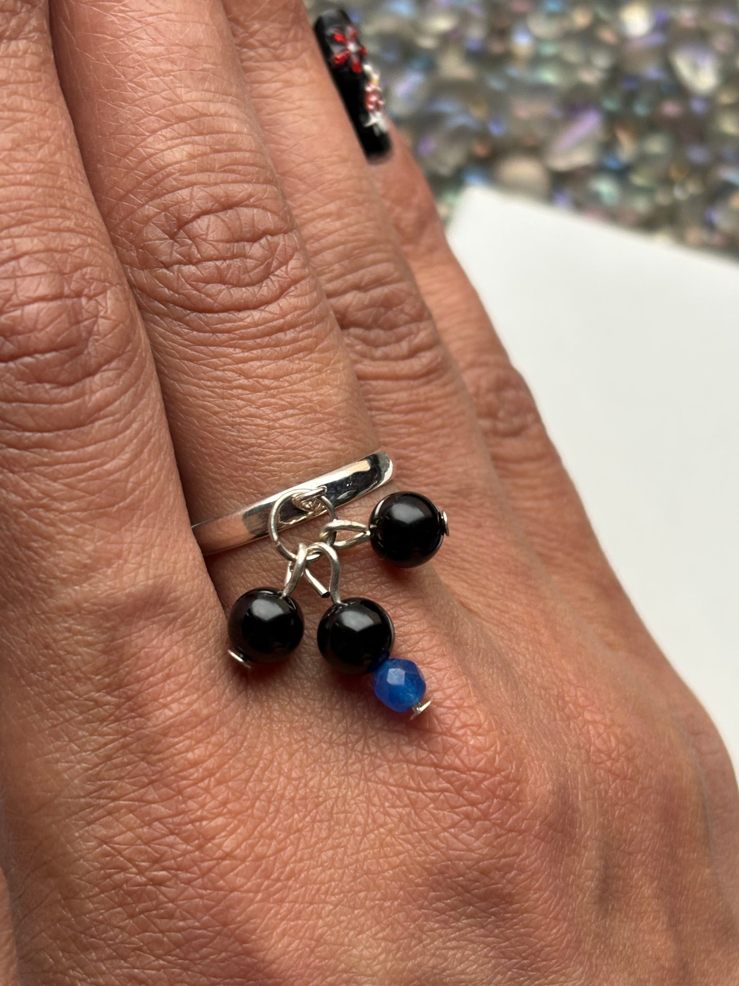Black Tourmaline & Blue Quartz Crystal Carving Charm Silver Ring