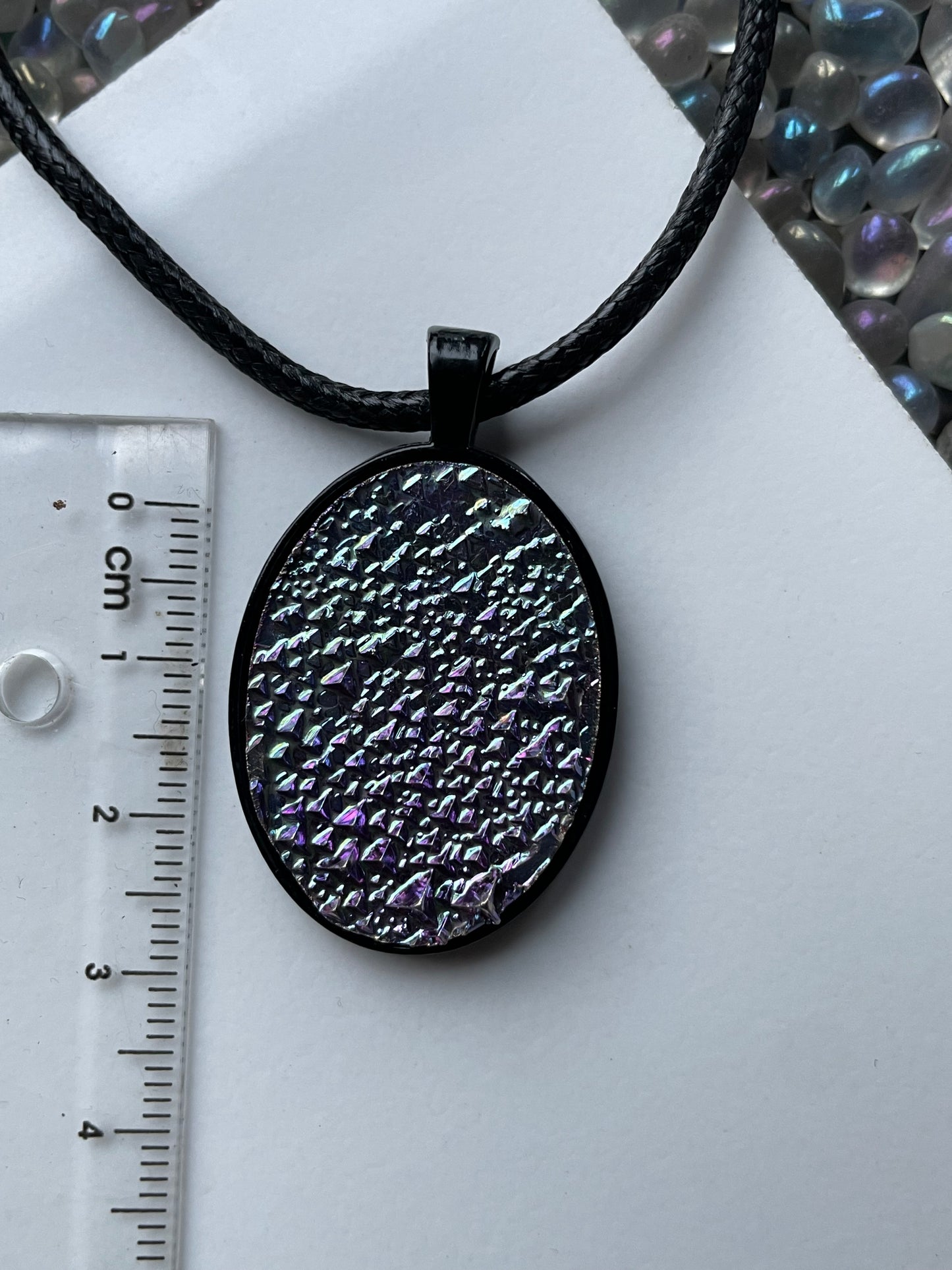 Purple Blue Bismuth Crystal Metal Art Cord Necklace OVAL