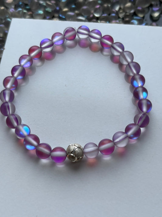 Frosted Purple Aura Quartz Crystal Gemstone Stretch Bracelet Sterling Silver