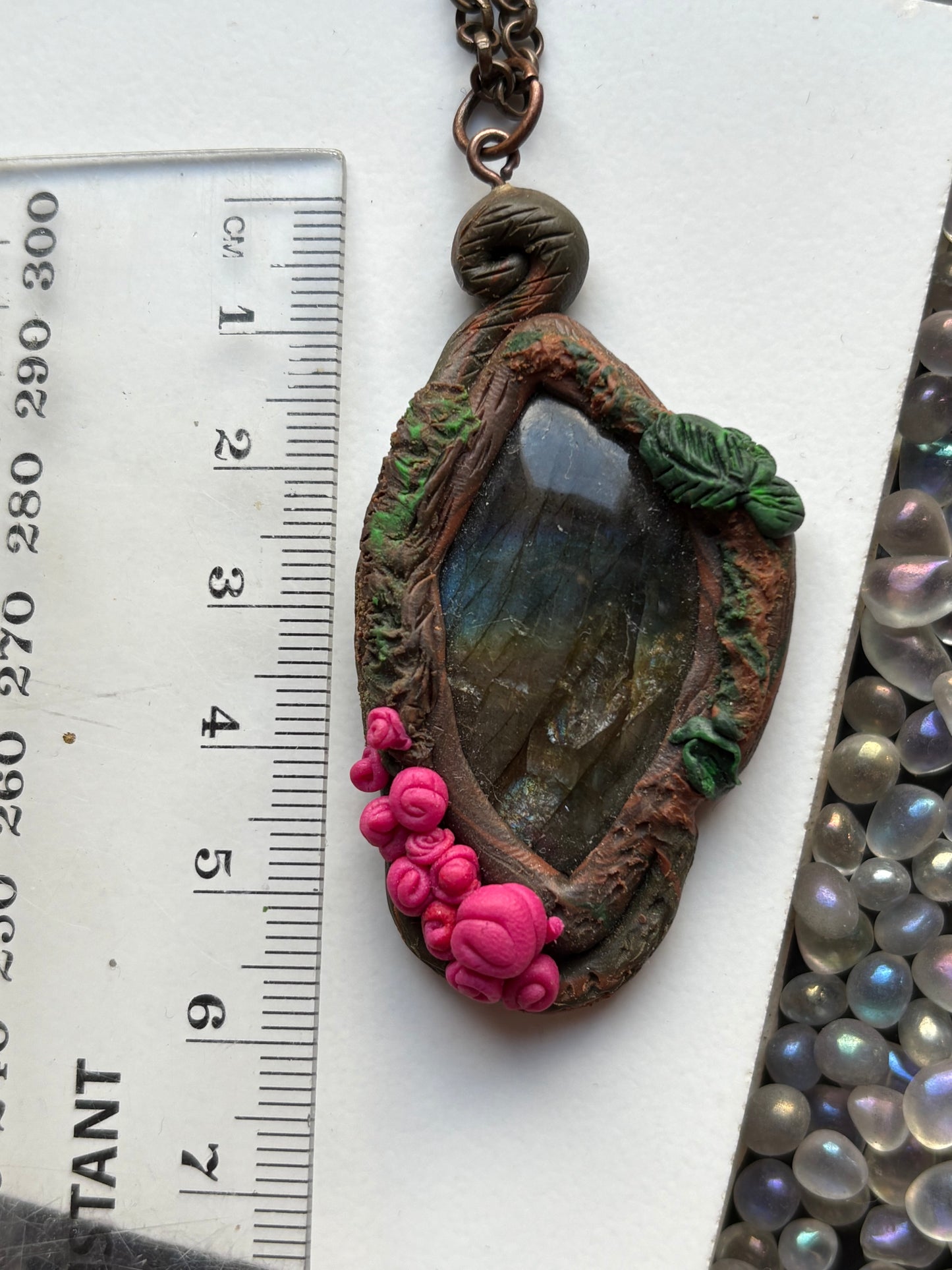 Labradorite Crystal Gemstone Enchanted Rose Clay Pendant Necklace