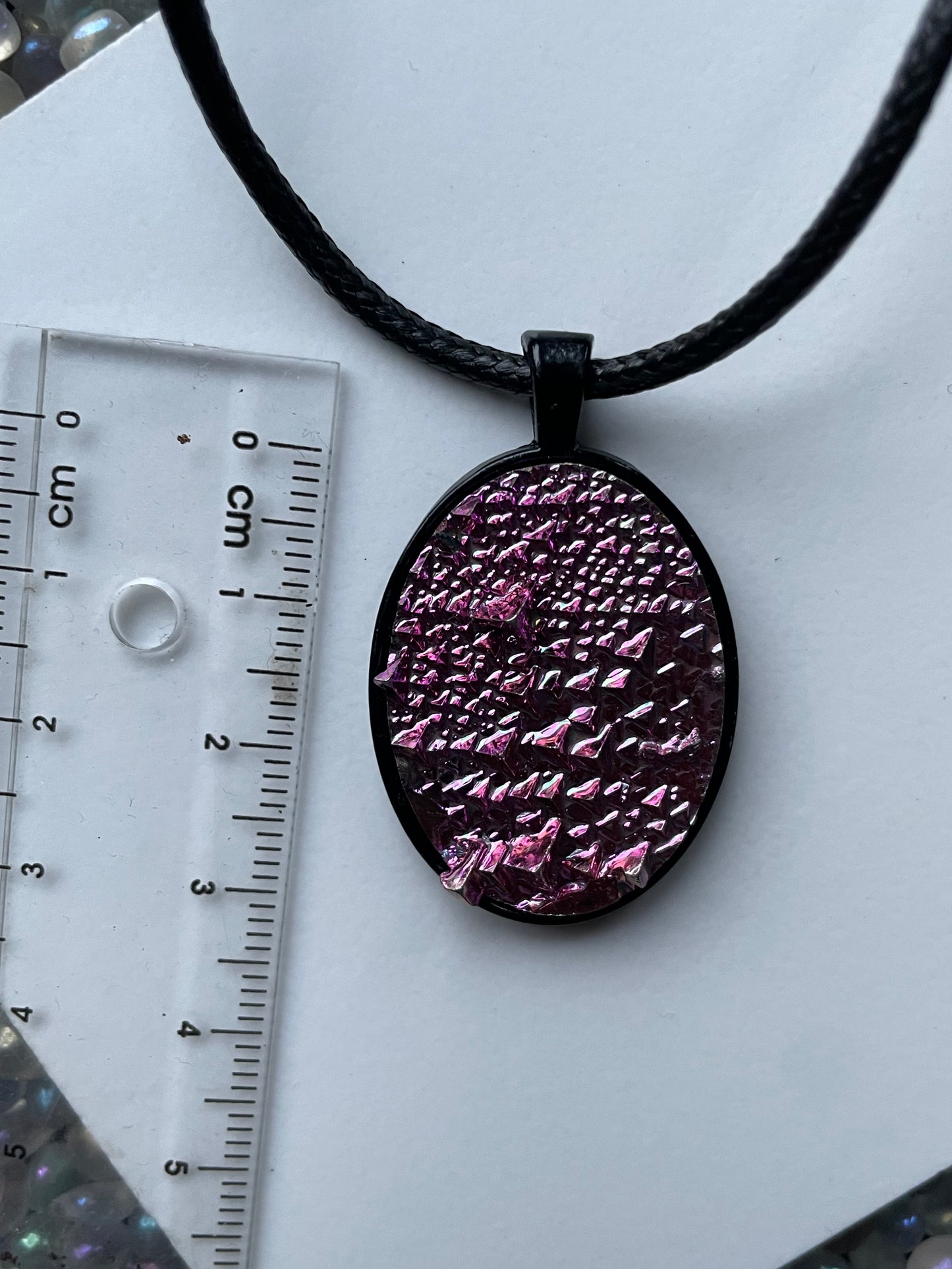 Pink Bismuth Crystal Metal Art Cord Necklace OVAL