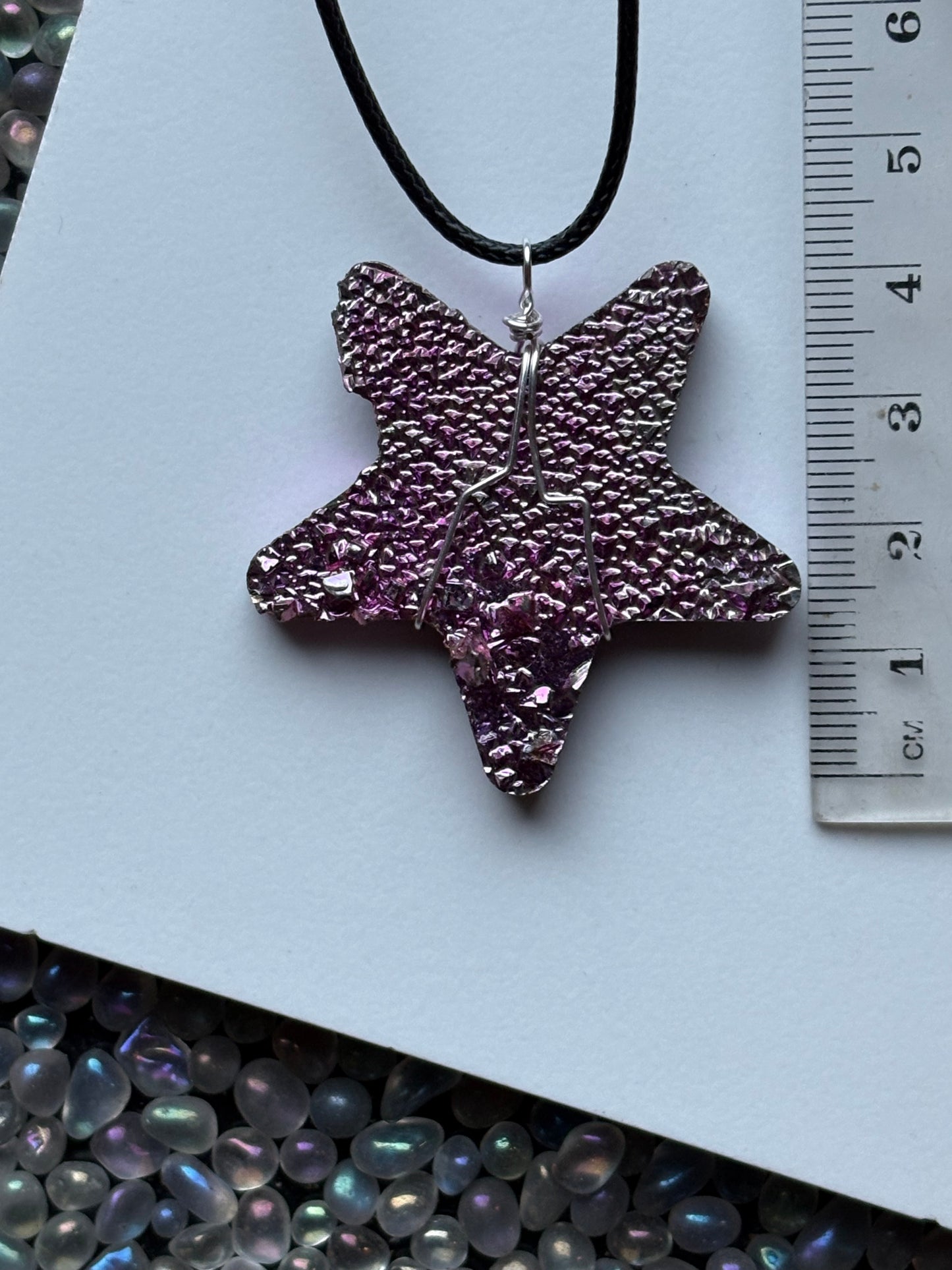 Pink Bismuth Star Crystal Cut Out Metal Art Cord Necklace