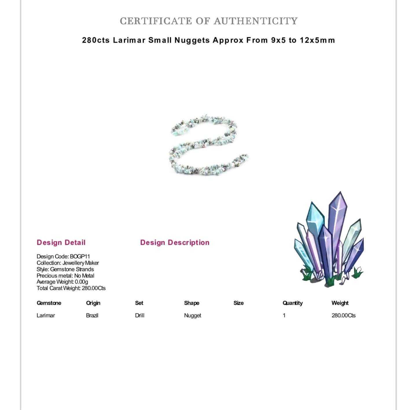 Larimar Rough Crystal Gemstone Chip Bar Necklace (Certified)