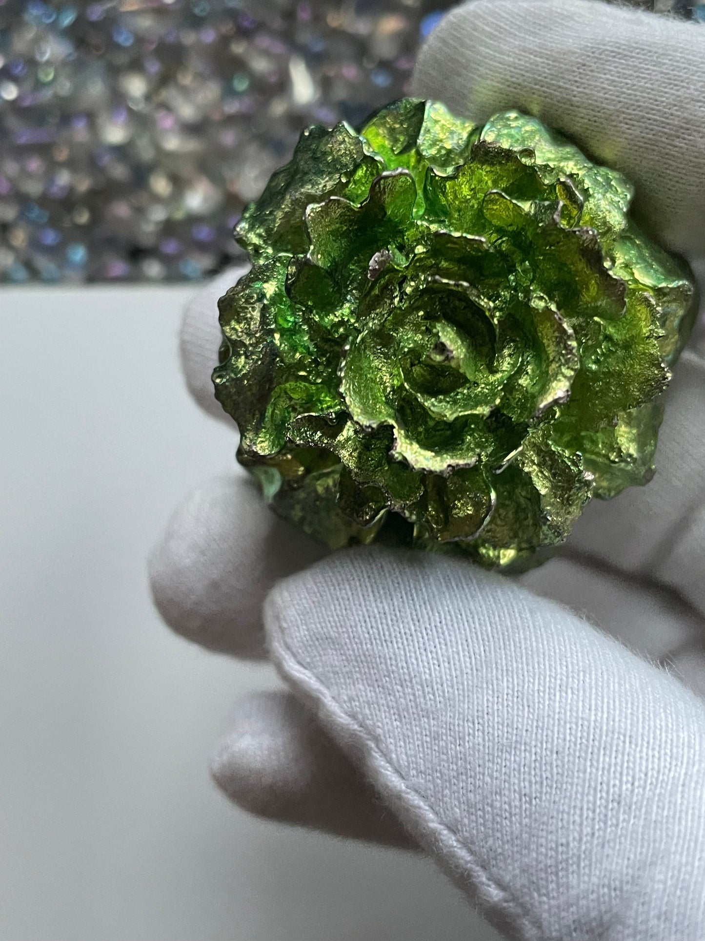 Green Bismuth Crystal Small Rose Flower Metal Art Sculpture