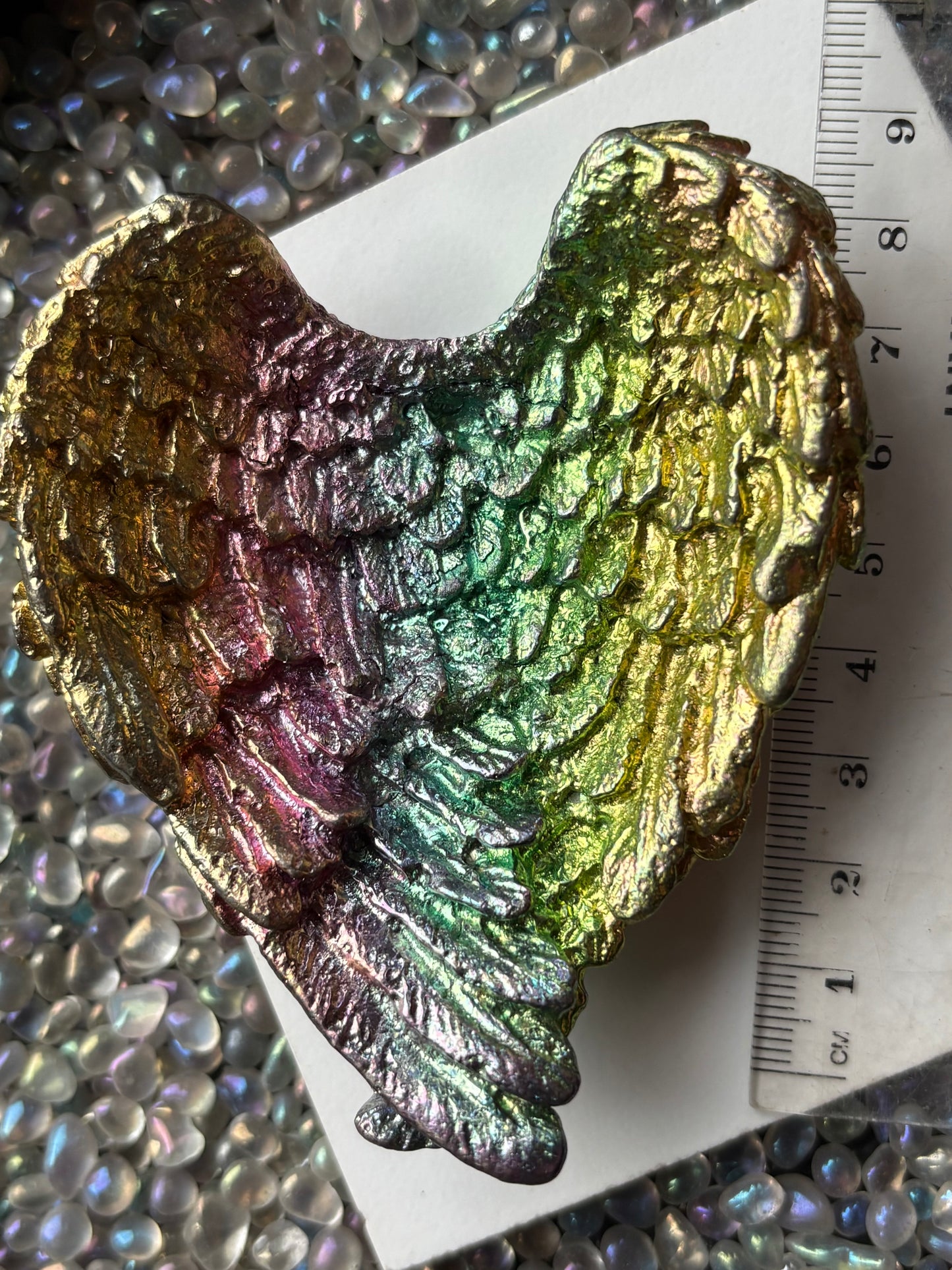 Rainbow Bismuth Crystal Angel Wing Dish / Sphere Holder Metal Art Sculpture