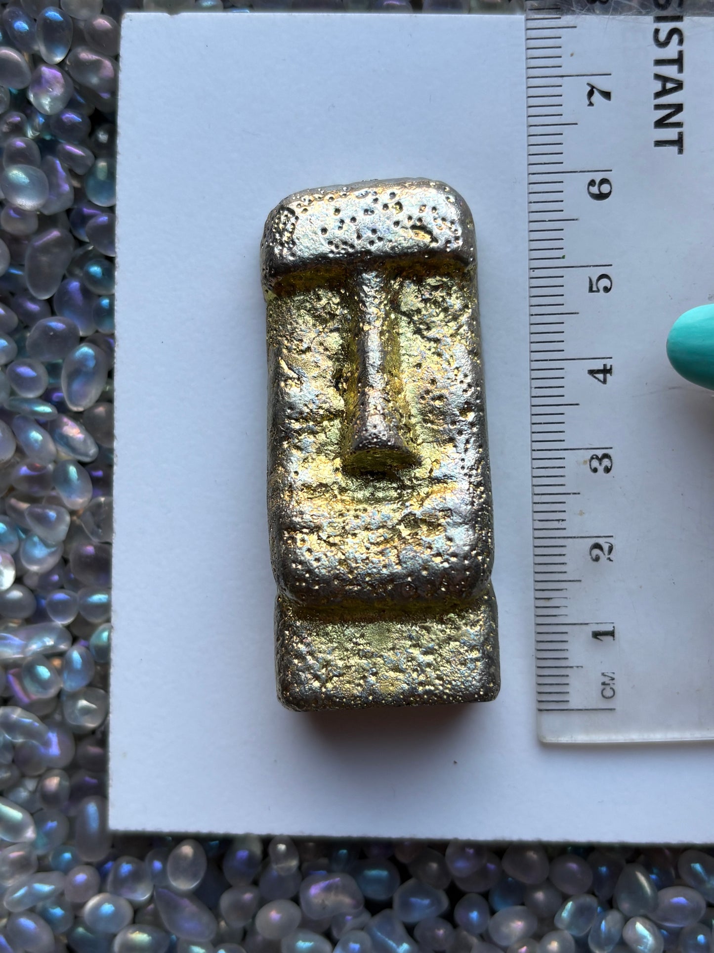 Gold Bismuth Crystal Moai Head Easter Island Metal Art Sculpture