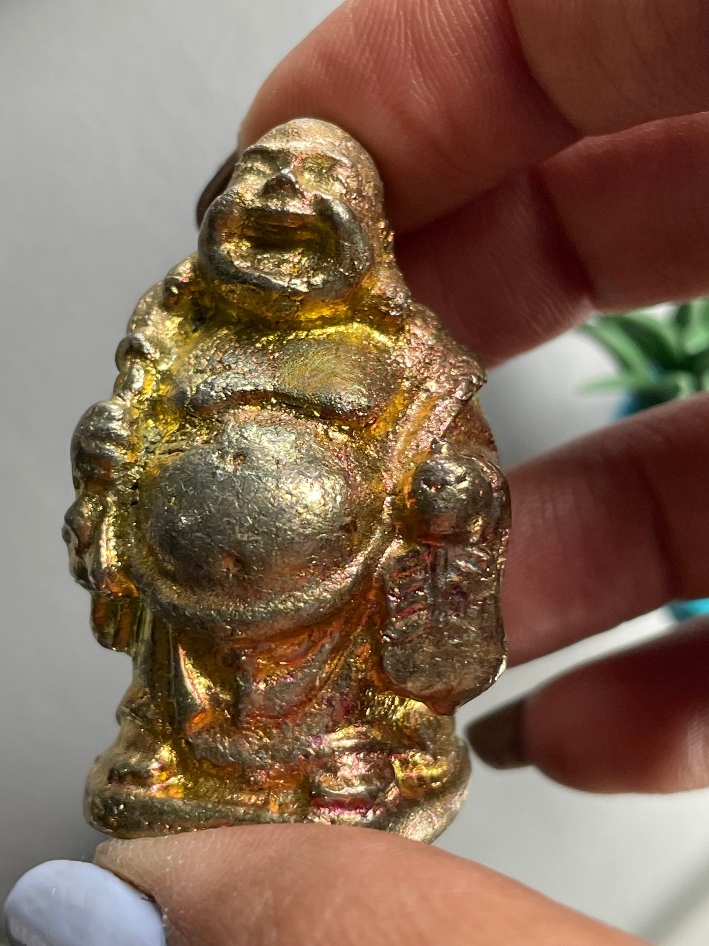 Gold Peach Bismuth Crystal Travelling Buddha Metal Art Sculpture